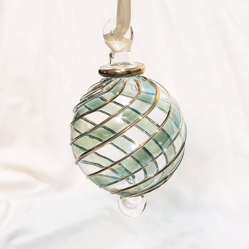 Glass Christmas Ball Hand Blown Egyptian Ornament 5" Gold Clear Green / Blue